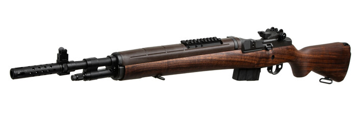 Classic semi-automatic rifle with a wooden stock and black metal parts isolated on a white...
