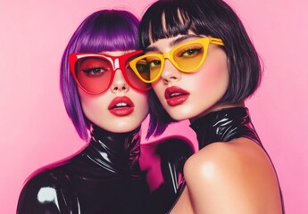 Fashion with futuristic neon colors and glossy chrome textures. Cyber punk style.