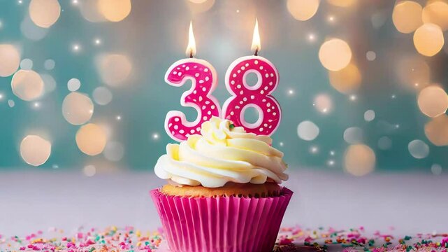 Birthday cupcake with burning lit candle with number 38. Number thirtyeight for thirtyeight years or thirtyeighth anniversary.