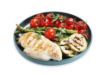 Delicious grilled vegetables and chicken breast isolated on white
