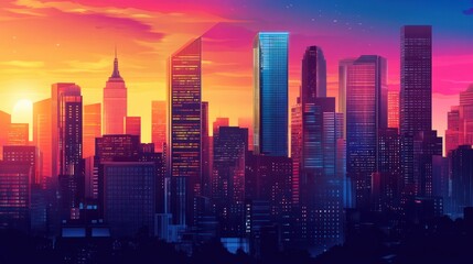 Sunset or sunrise Modern city skyscrapers panorama of tall buildings, urban background. Pop art retro vector illustration comic style vintage
