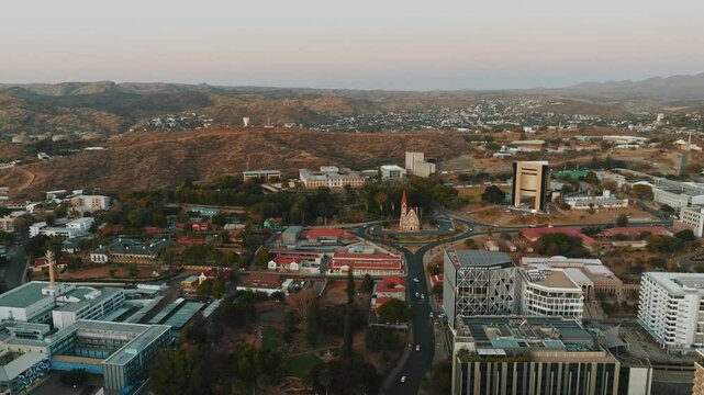 Aerial view of buildings in Windhoek downtown urban city town. Namibia, South Africa.