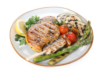 Delicious grilled vegetables and chicken breast isolated on white