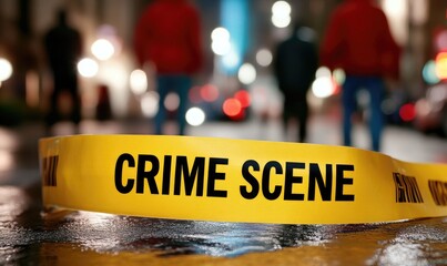 Crime Scene Tape in Focus with Blurred Background of Investigation