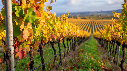 Scenic Autumn Vineyard Landscape Featuring Rows of Grapevines with Golden Foliage and Rustic Appeal
