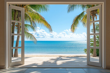 Modern Aluminum Door Overlooking a Tropical Paradise with Lush Palm Trees and Crystal Clear Waters