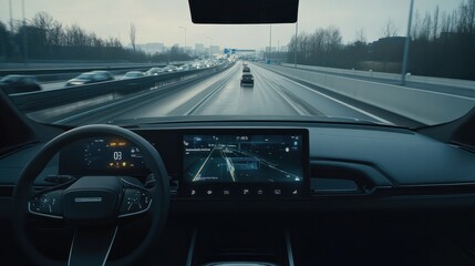 Vehicle autonomously navigating a highway with a digital interface that displays telemetry data. Driver view of an autonomous self-driving vehicle on the road.