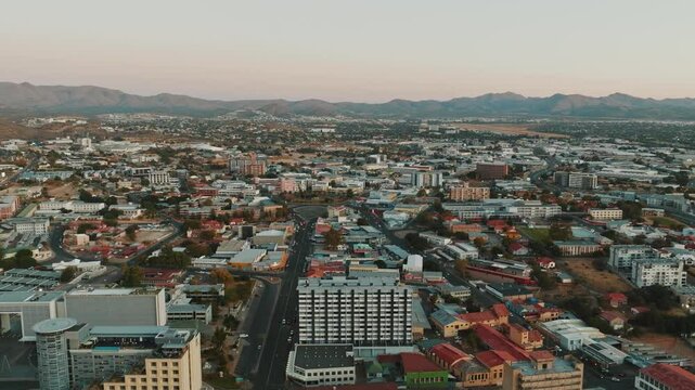 Aerial view of buildings in Windhoek downtown urban city town. Namibia, South Africa.