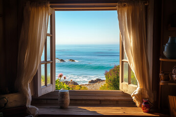 Fototapeta premium Charming Rustic Seaside Cottage with a Window Framing a Picturesque View of the Ocean and Rugged Coastline