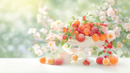 A beautifully arranged vase filled with a delightful assortment of vibrant fruit and colorful flowers placed elegantly on a table. Copy space