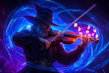 Fototapeta premium A wizard playing a magical violin that emits glowing music notes, surrounded by swirling magical energy
