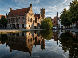 Naklejka premium Reflection of Bruges cathedral in water.