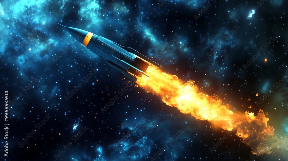 Poster a rocket accelerates through the depths of space, leaving a fiery trail as it journeys among the sta