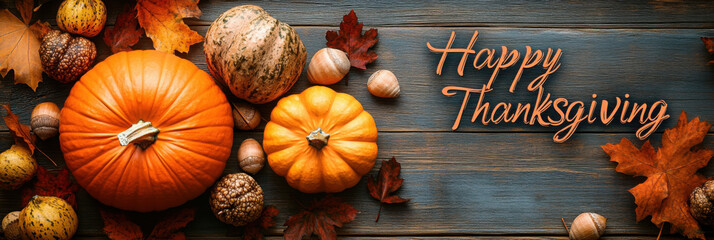 Autumn Harvest and Holiday still life. Happy Thanksgiving Banner. Selection of various pumpkins on dark wooden background. Autumn vegetables and seasonal decorations.