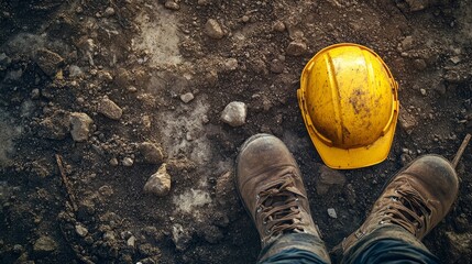 A pair of well-worn construction boots and a faded yellow hard hat lay on the ground, indicating a recent day's work at a construction site. Dust and gravel surround the gear