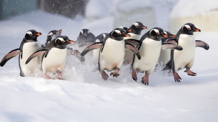 A Group of Penguins Running Through the Snow