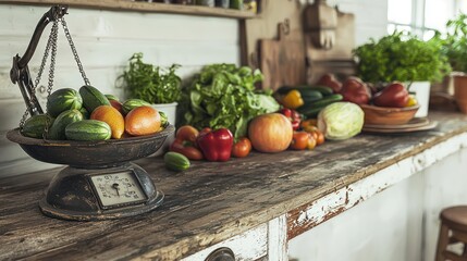 A close-up of a vintage kitchen scale and fresh farm produce on a distressed wooden countertop in a rustic farmhouse kitchen