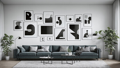 Modern furnished, colorful and cozy contemporary living room, living area with designer style sofa in daylight