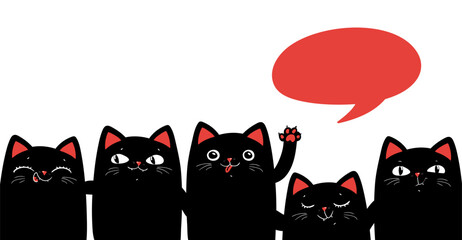 Set of five black cat. Cute cartoon kawaii black cats character banner with red speech bubble. Flat trendy design. White background. Vector