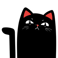 Grumpy black cat. Sad face head. Black isolated silhouette. Kawaii Flat design.  Childish style. White isoted background. Vector