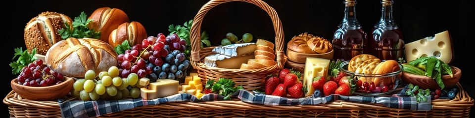 A bountiful assortment of fresh fruits, breads, cheeses, and pastries arranged in a wicker basket.