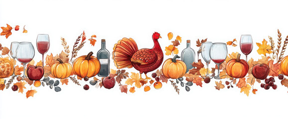 Vector border Thanksgiving. Seamless Autumn food roast turkey corn wine pumpkin family dinner greeting card repeating pattern design. Harvest festival. Fall party invitation banner. Happy Thanksgiving