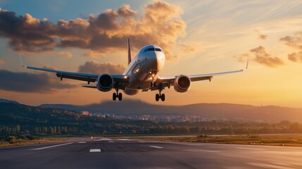 Airplane Landing at Sunset Over Scenic Landscape