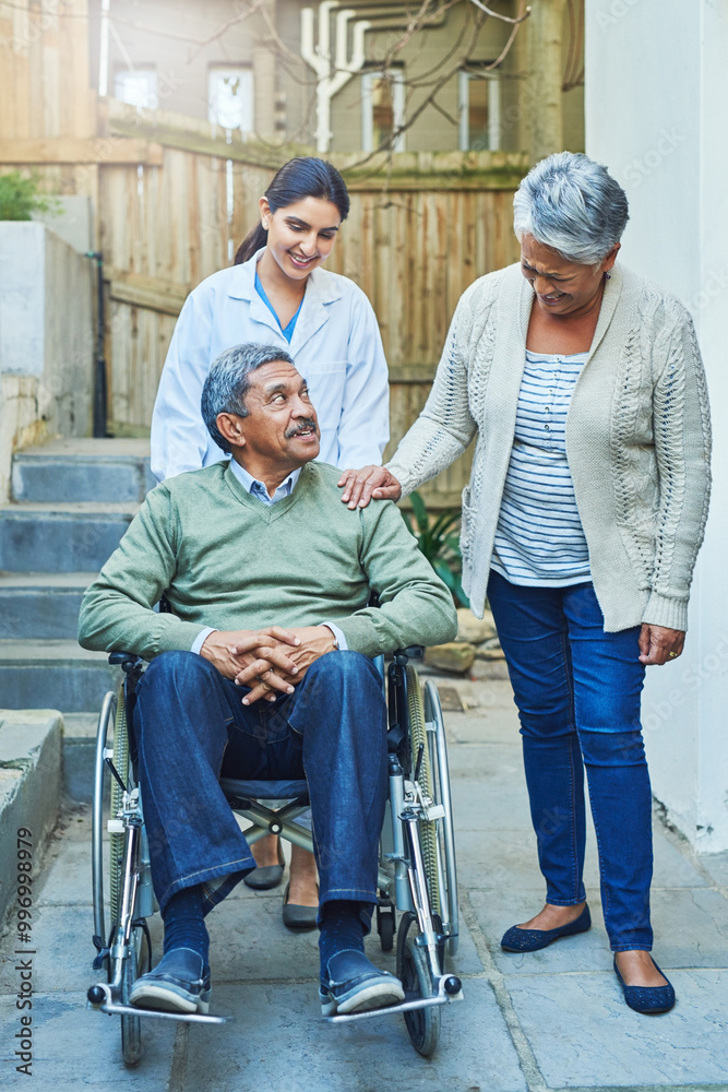 Wall mural Nurse, senior woman and old man in wheelchair, support and talking with happiness, care and recovery. Medical, professional and person with disability, healing and healthcare with mobility insurance