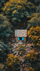 A small stone cottage with a blue door sits nestled in a lush green forest with yellow flowers.