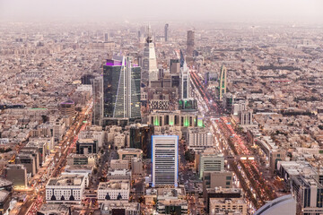 Evening aerial view of Riyadh, capital of Saudi Arabia