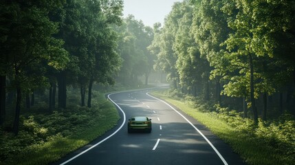 Fototapeta premium Green car on forest highway. Generative AI