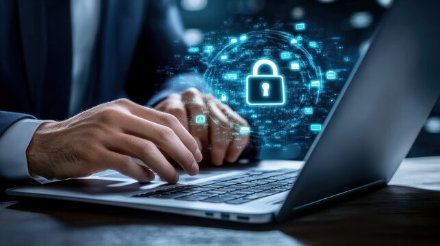 hands of a businessman use a laptop with a virtual padlock icons, cyber and data security concept