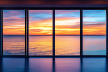 Fototapeta premium Modern Seaview Aluminum Door Showcasing Vibrant Sunset Hues, Inviting a Sense of Tranquility and Awe