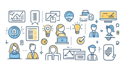 Management web icons in line style. Media, teamwork, business, planning, strategy, marketing. Vector illustration.