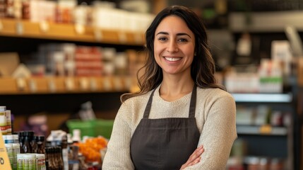 A store clerk with a friendly smile stands confidently behind the counter, showcasing inviting merchandise in a lively retail setting filled with products