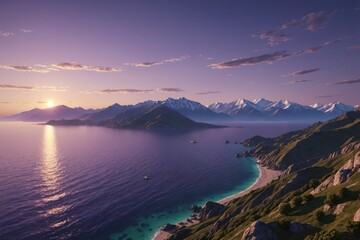 digital-art : vanishing point on purple sunset over mountains and sea