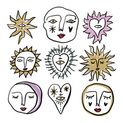 Space bundle of stylish freaky cool funny doodle stellar characters. Moons, suns and planets. Vintage astrology and astronomy concept. Hand-drawn set antique poster or pint clipart collection.