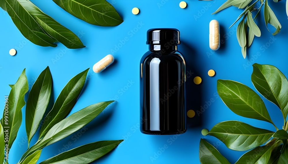 Wall mural chic black supplement bottle adorned with leafy accents and capsules set against a vivid blue backdr