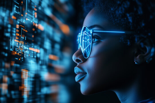 Black African American student coding and learning about machine learning, with a focus on AI and augmented reality in education and cybersecurity