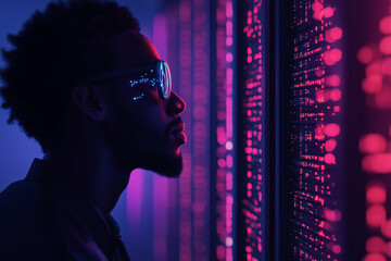 Black African American student coding and learning about machine learning, with a focus on AI and augmented reality in education and cybersecurity