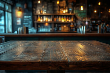 Rustic Empty Wooden Table in Vintage Pub Interior