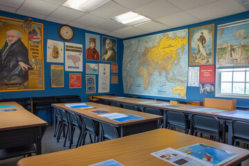 Vibrant Classroom Adorned with Inspiring Posters of Historical Figures and Educational Themes