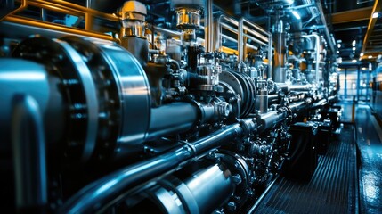 Fototapeta premium A detailed shot of a large ship engine compartment, showcasing heavy machinery and complex piping systems used for maritime propulsion.