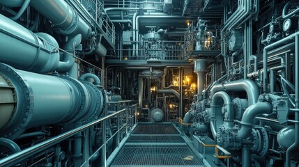 A detailed shot of a large ship engine compartment, showcasing heavy machinery and complex piping systems used for maritime propulsion.