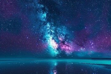 A breathtaking view of the night sky, with a stunning display of stars and the Milky Way reflecting in the calm waters below.
