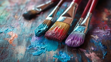 Obraz premium A set of artistic paintbrushes with vibrant colors sits on a wooden table, showcasing various shades of paint smeared across the surface, embodying creativity and artistic expression