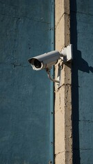Security camera mounted on the side of a blue building.