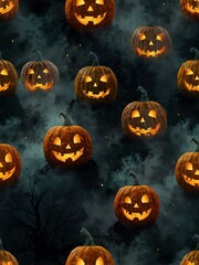 Series of glowing jack-o'-lanterns appearing through night mist.