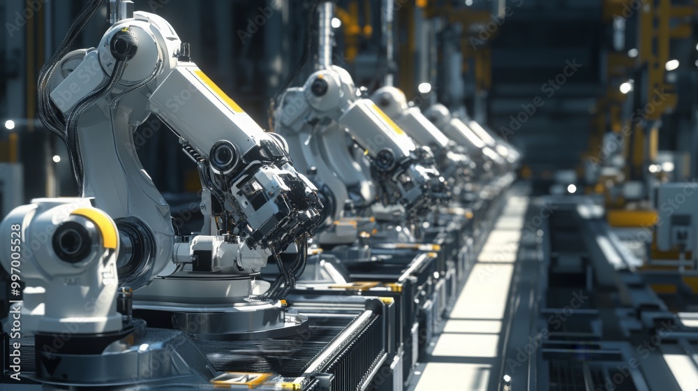 Poster In a state-of-the-art manufacturing facility, robotic arms perform assembly tasks efficiently on an automated production line, showcasing advanced technology and industrial automation in action.