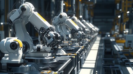 Fototapeta premium In a state-of-the-art manufacturing facility, robotic arms perform assembly tasks efficiently on an automated production line, showcasing advanced technology and industrial automation in action.